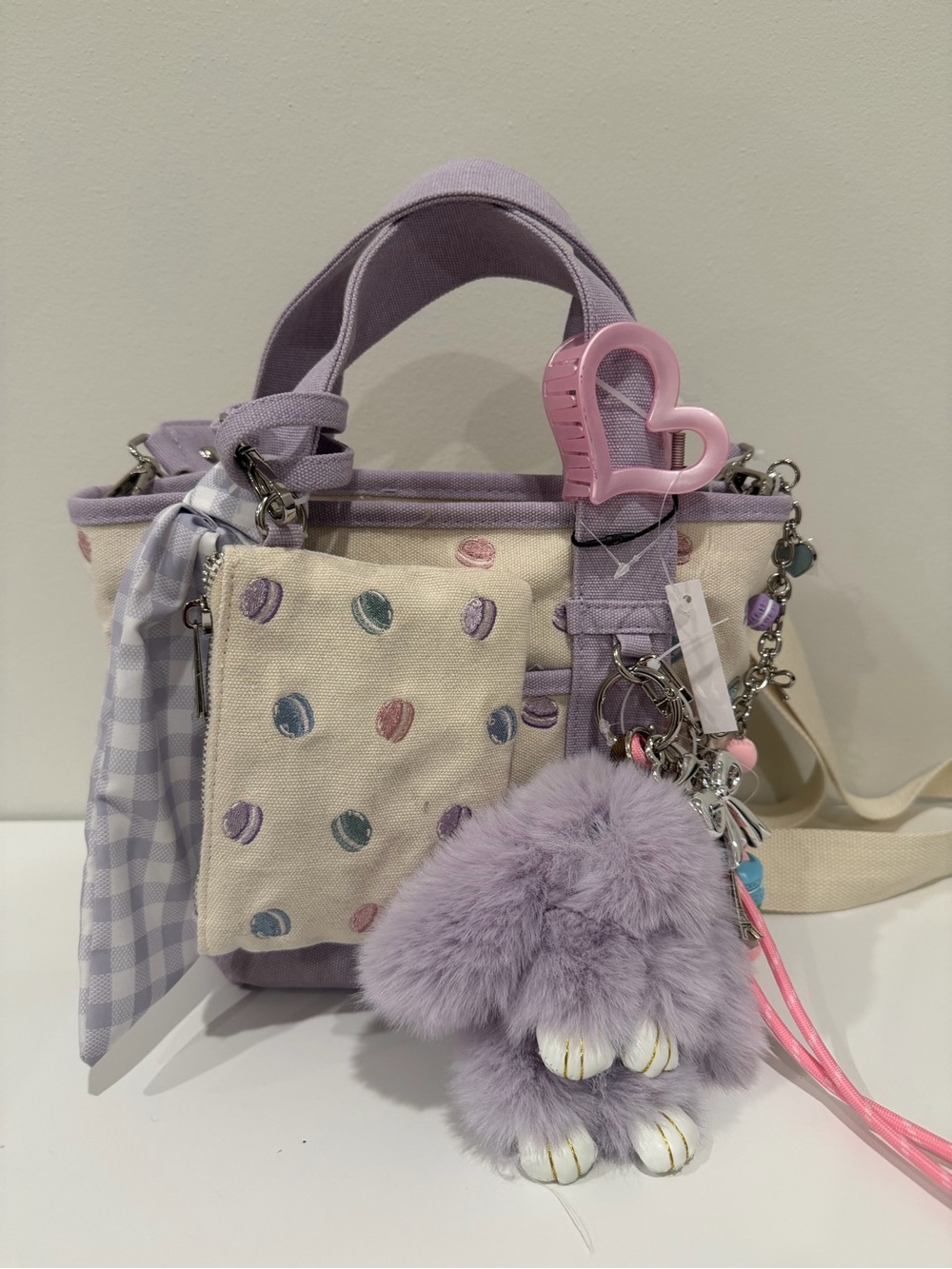 Madden Girl Lilac Canvas Tote with Plush Bunny Charm